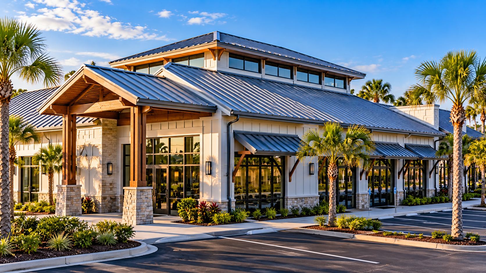 Commercial property with a light-colored metal roof in Northeast Florida