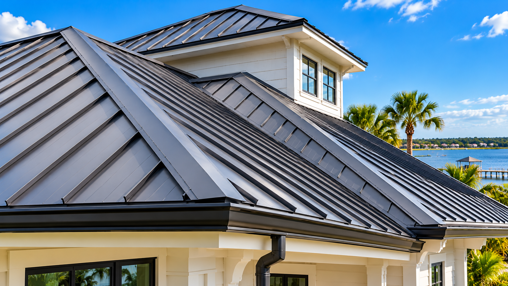 Charcoal standing seam metal roof with concealed fastener panels