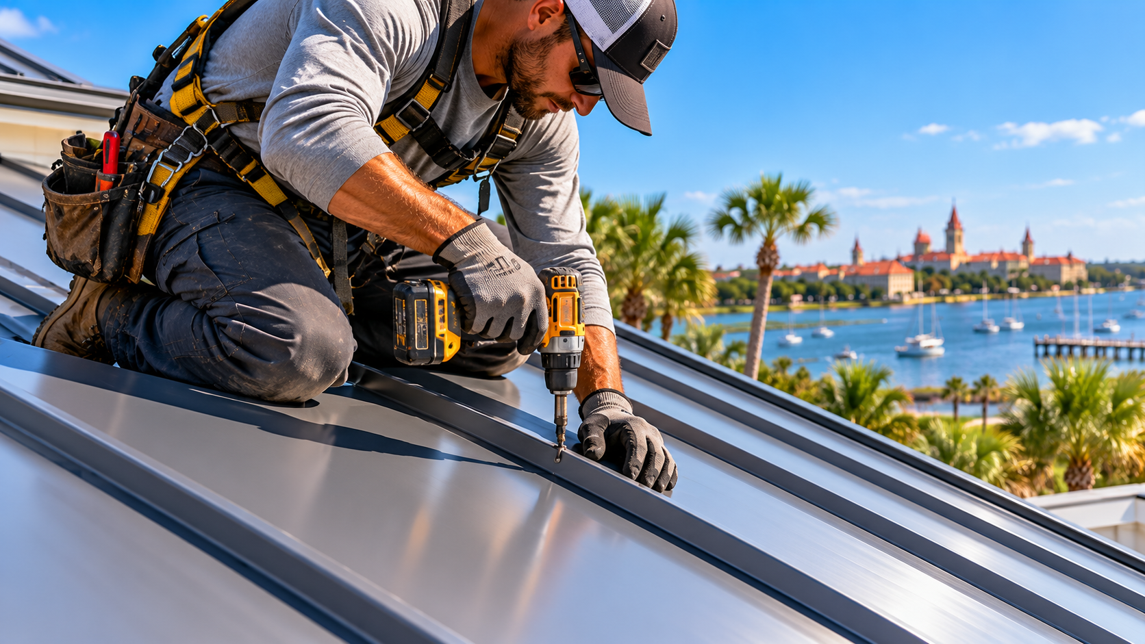Roofing professional working on a standing seam metal roof